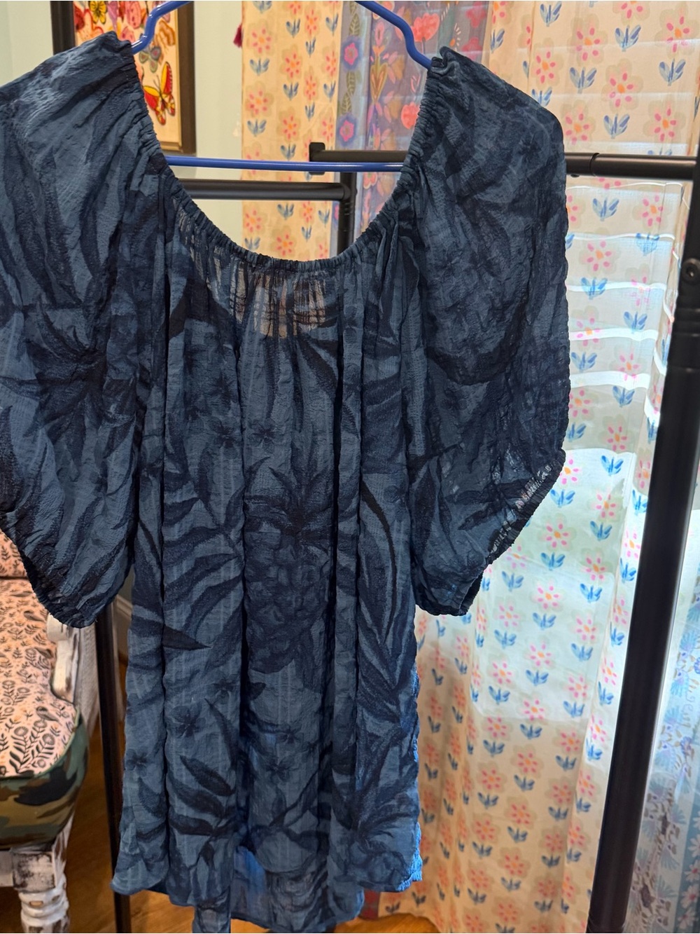 Karen Kane Elbow Puff Sleeve Printed Peasant Top Blouse Blue Women’s Sz 2X